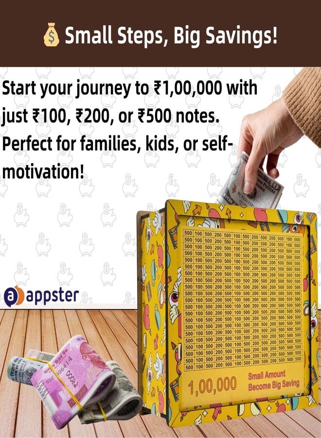 APPSTER 8x7 Inch Jumbo Wooden Piggy Money Bank for Kids & Adults | Carved Design, Mini Bank, Donation Box, Smart Money Coin Box with Numbers Savings Box 100000 Rupees (Yellow) - Image 4